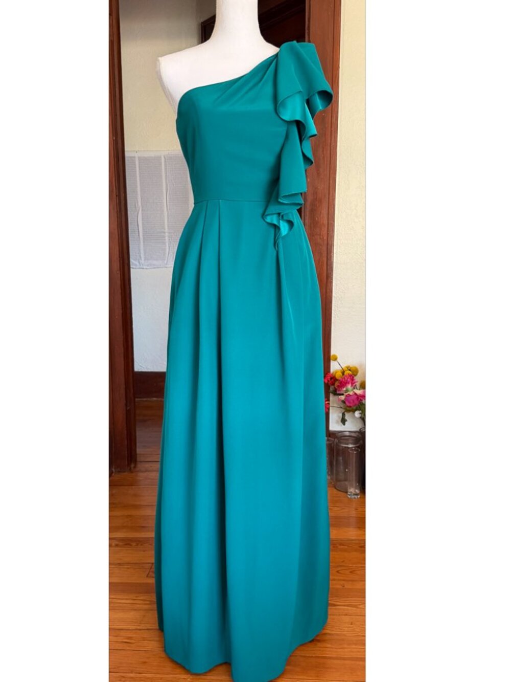 Lela Rose One Shoulder Cascading Ruffle Jade Green Formal Maxi Sz 2 Bridesmaid